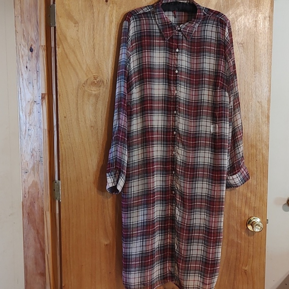 Vnl Styleline Sheer Duster Red & White Plaid Flowy Button Front Dress Blouse 3X